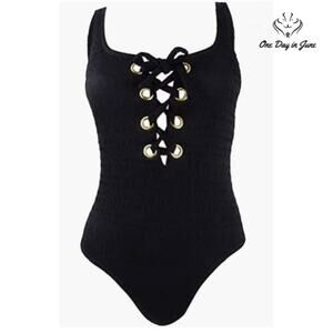 California Waves Junior's Textured Grommet Lace Up One Piece Swimsuit Size L